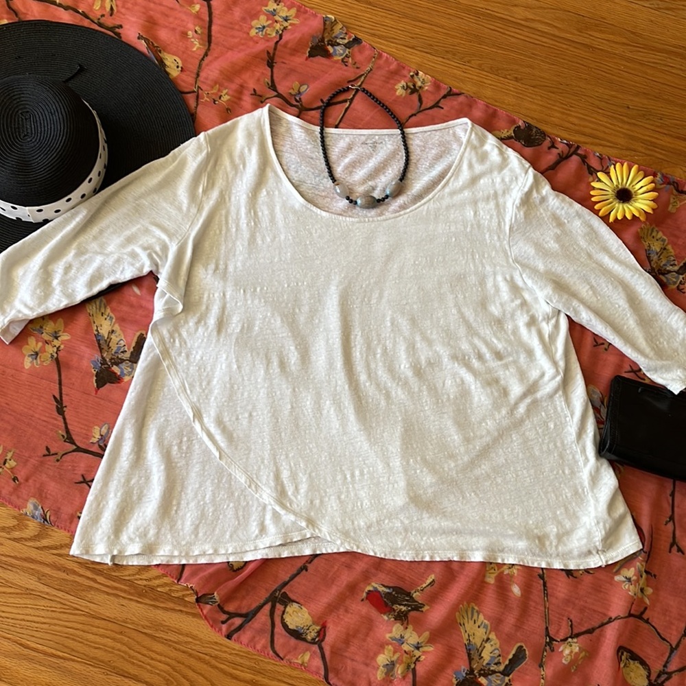 🌺 GARNET HILL; 100% Organic Linen, Pretty & Perfect White Top; Misses Size XL!